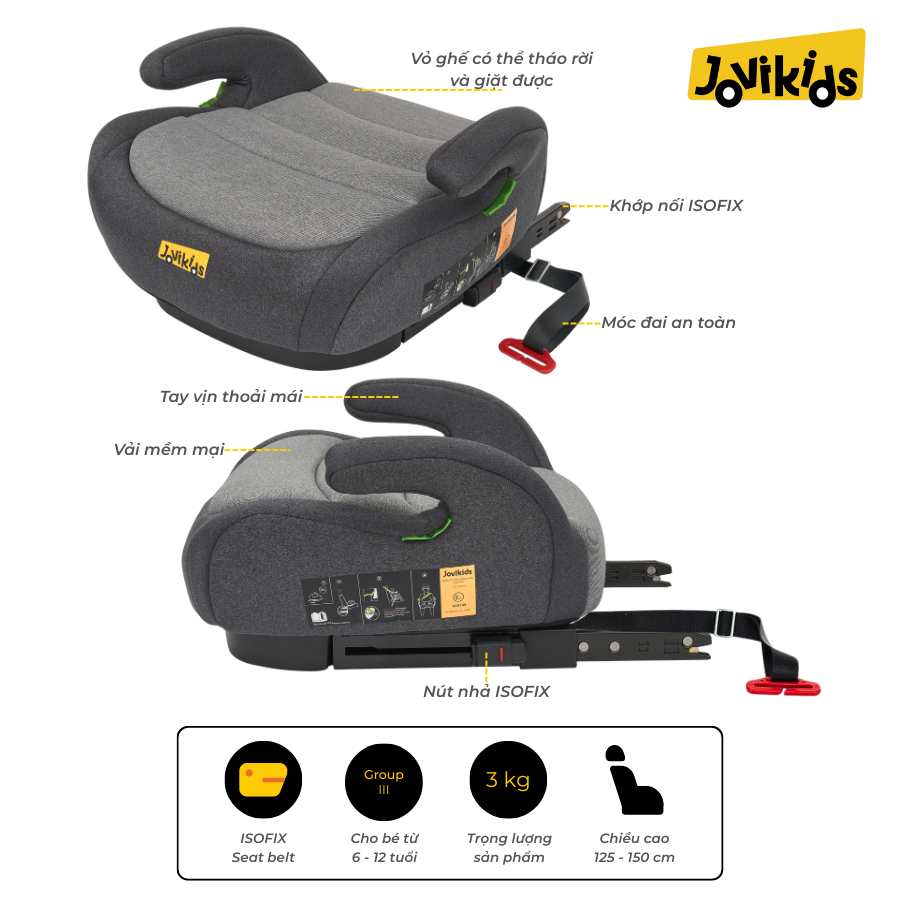 Ghế Ô Tô Trẻ Em Jovikids OHHO Booster 125-150cm Chuẩn i-Size Châu Âu